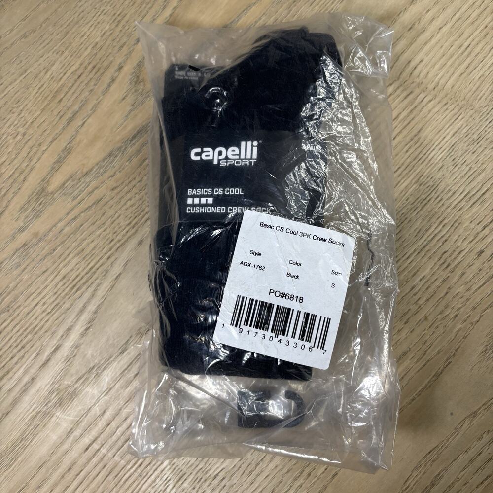 NWT CAPELLI SPORT 3-PACK BASICS CS-COOL CUSHIONED CREW SOCKS Black Small New